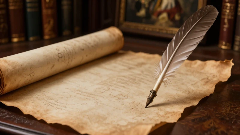 Pergamino antiguo, pluma y luz tenue