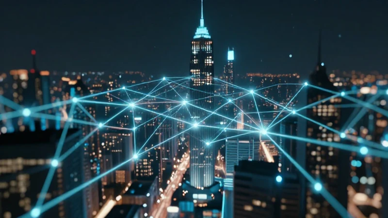 Ciudad futurista con redes brillantes e iluminación cinematográfica