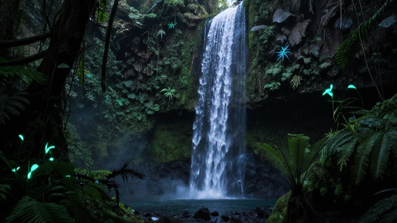 Selva ancestral con cascada brillante y luz cinematográfica