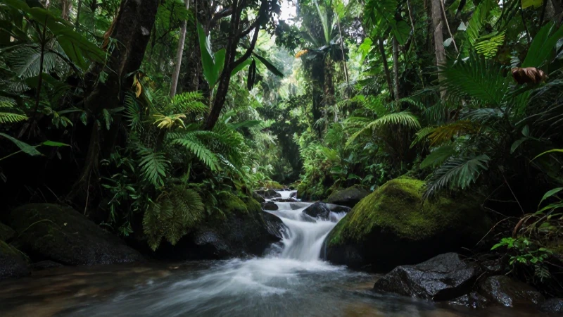 Selva exuberante, agua, luz y fotosíntesis vital