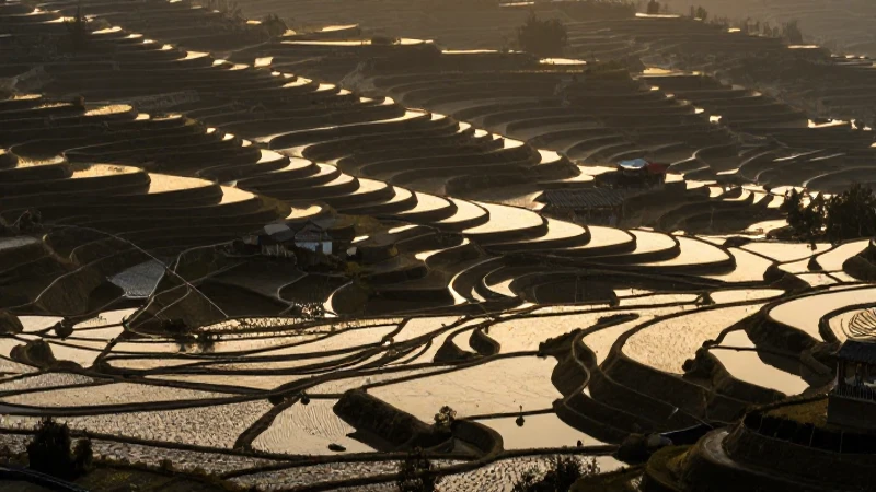 Campos escalonados con luz dorada cinematográfica