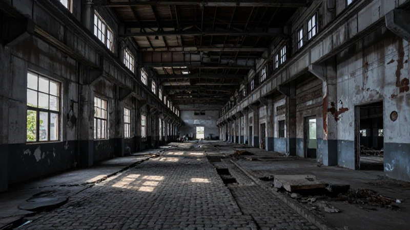 Interior industrial ruinoso con luz dramática