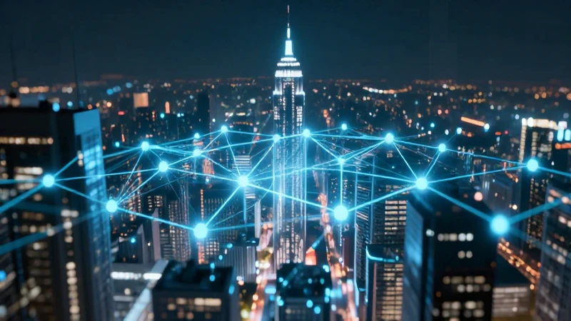Ciudad futurista iluminada con redes digitales