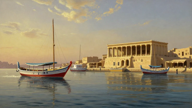 Puerto antiguo, barcos egipcios, luz cálida