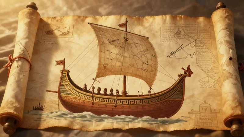 Barco fenicio ilustrado con luz dorada