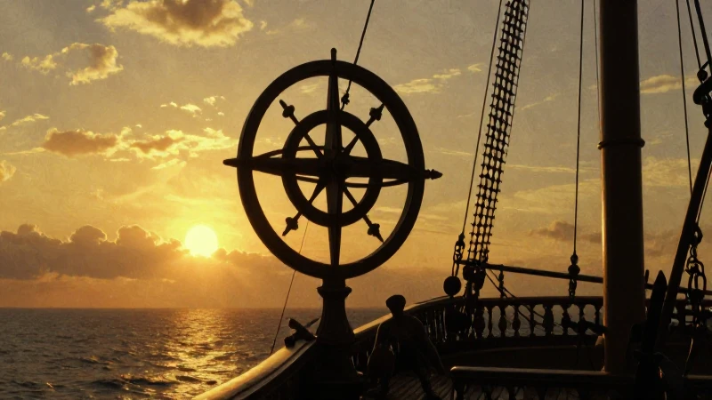 Barco explorador al atardecer en estilo histórico