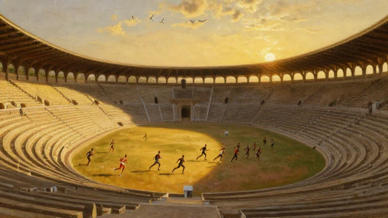 Estadio antiguo bañado por luz dorada