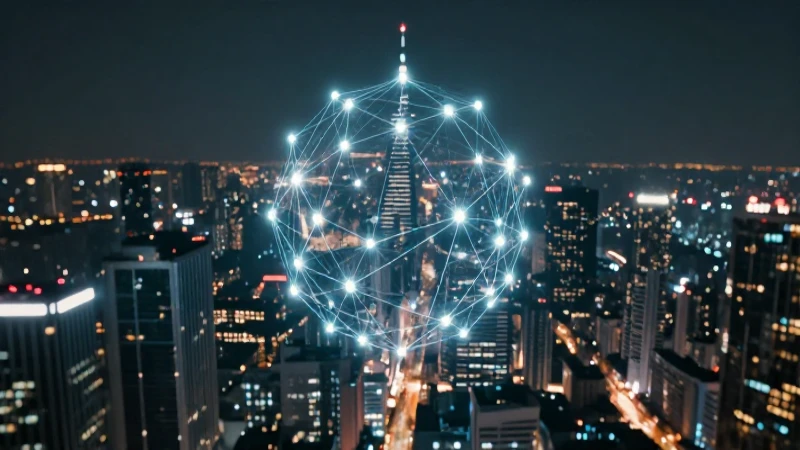 Ciudad futurista iluminada por tecnología blockchain