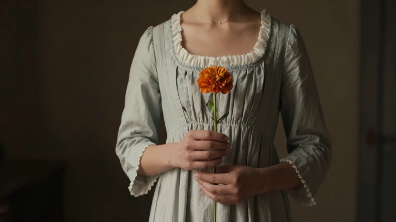 Mujer con vestido histórico, flor simbólica