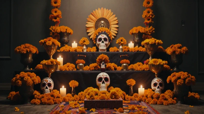 Altar de muertos, flores y luz cinematográfica