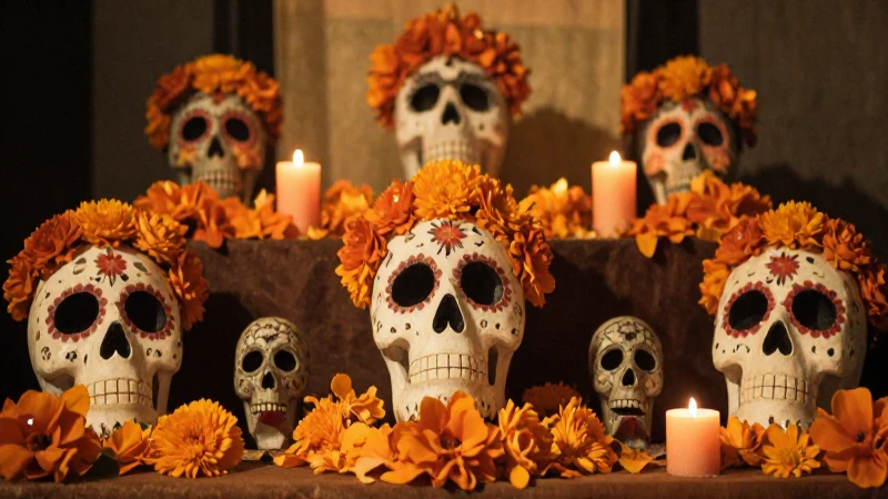 Altar de muertos con luz dorada vintage