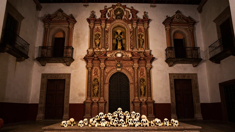 Altar mexicano barroco, luz contrastada, amplio ángulo