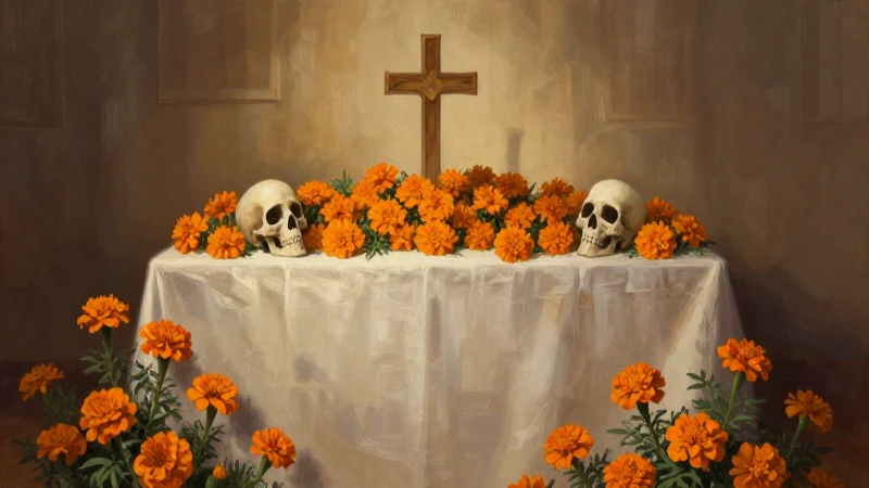 Altar festivo con sombras suaves y cálidas