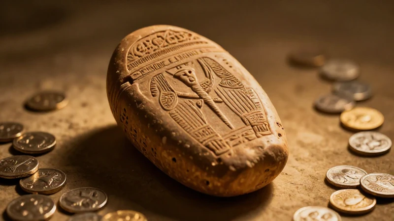 Línea del tiempo del dinero: Evolución y momentos clave 3 Tablilla antigua resplandeciente, monedas dispersas