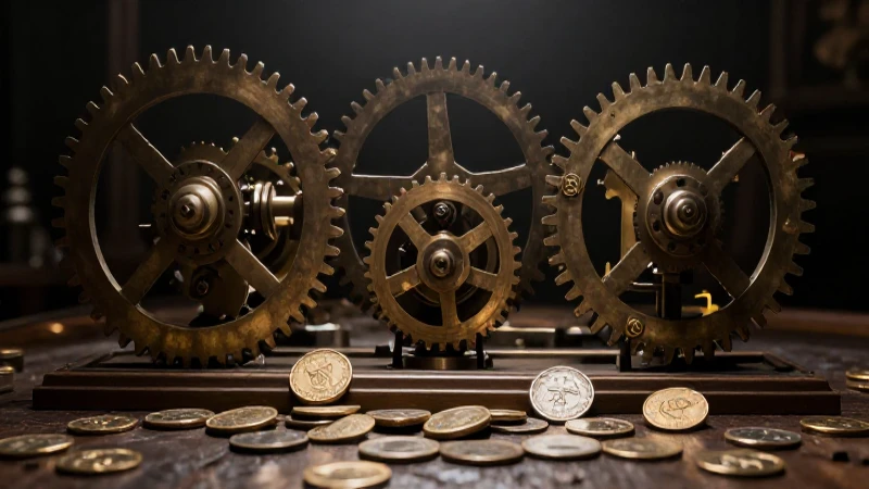 Línea del tiempo del dinero: Evolución y momentos clave 5 Engranajes victorianos, monedas y luz dramática