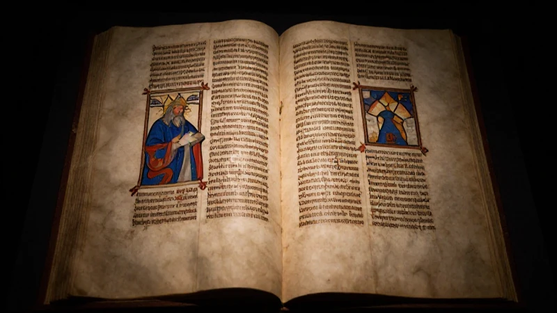 Manuscrito iluminado bajo luz dramática e histórica