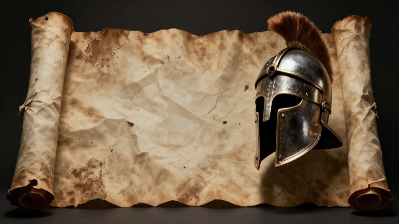 Casco romano, papiro antiguo, luz cinematográfica