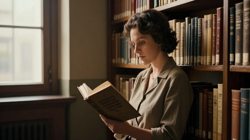 Mujer lee libro en biblioteca vintage