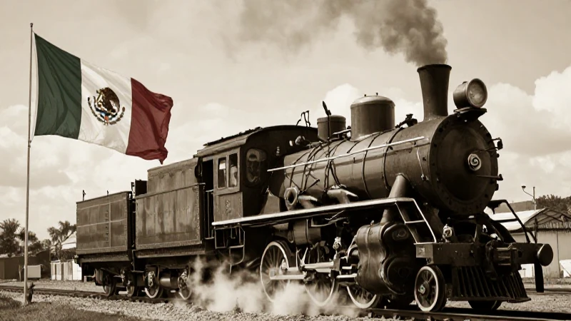 Locomotora antigua, bandera mexicana, luz cinematográfica