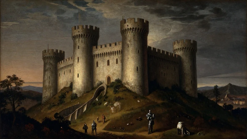Castillo medieval iluminado dramáticamente en la colina