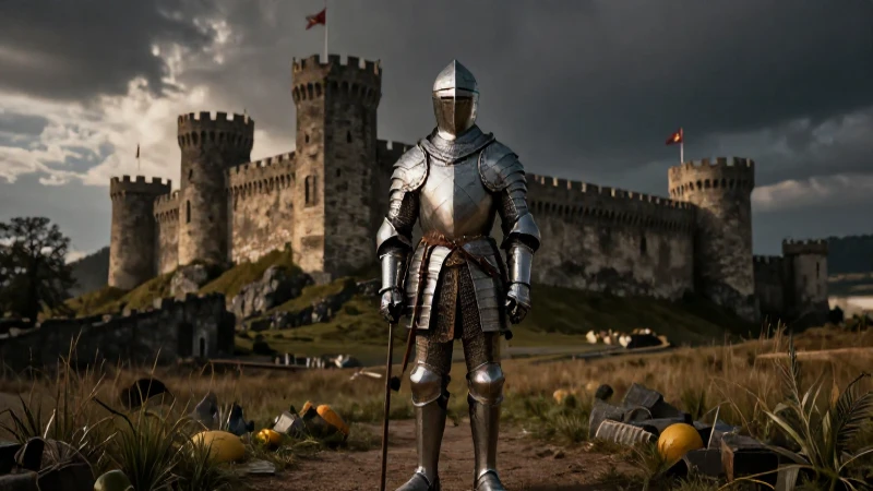 Caballero en armadura ante castillo iluminado