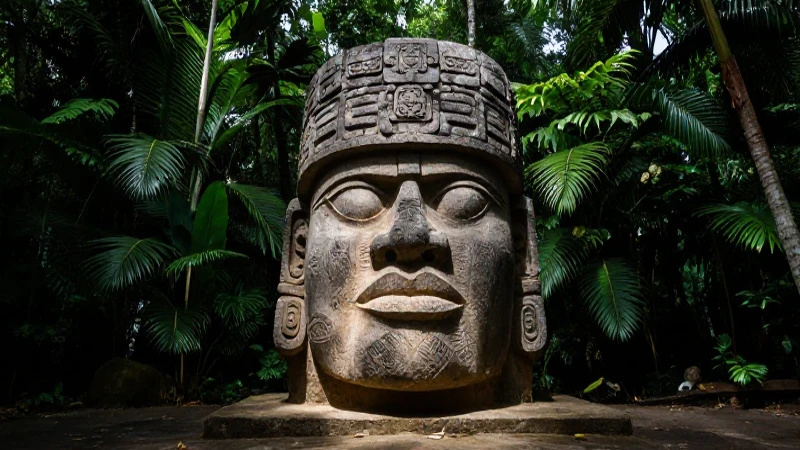Cuál es la línea del tiempo del Preclásico al Posclásico 3 Cabeza olmeca imponente en selva oscura
