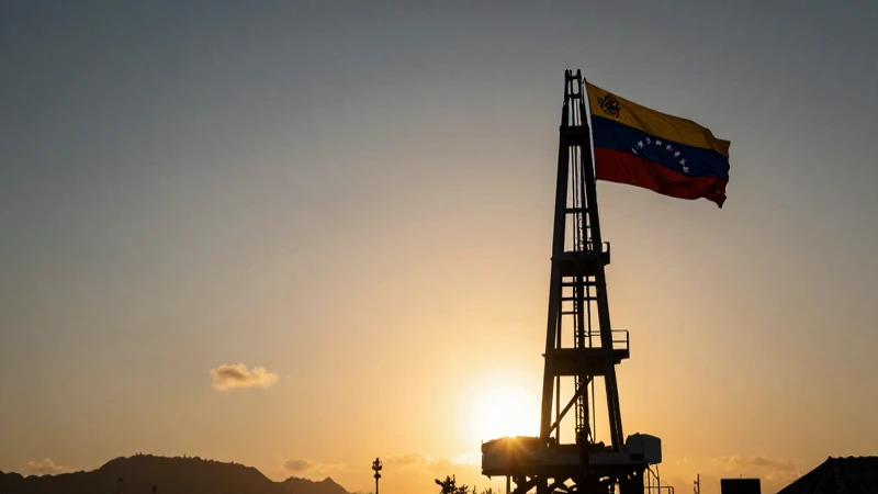 Torre petrolera al atardecer con bandera venezolana