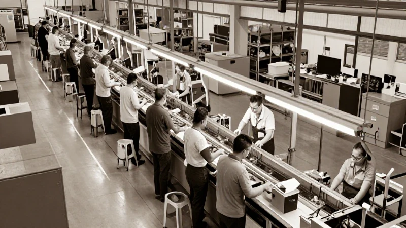 Trabajadores industriales en línea de montaje, realismo