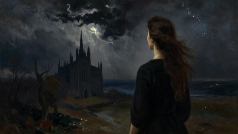 Mujer observa paisaje tormentoso gótico