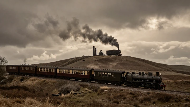 Tren a vapor asciende en paisaje industrial dramático