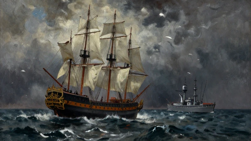 Navío colonial en tormenta, estilo óleo