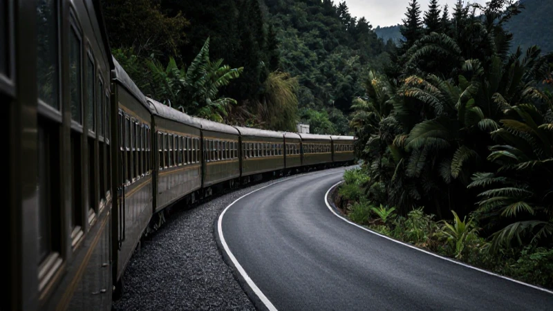 Tren antiguo serpentea por carretera cinematográfica