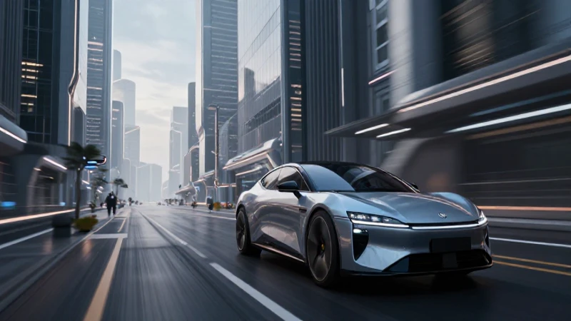 Ciudad futurista iluminada con vehículo eléctrico