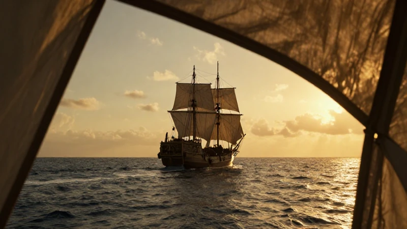 Velero antiguo, océano inmenso, luz dorada