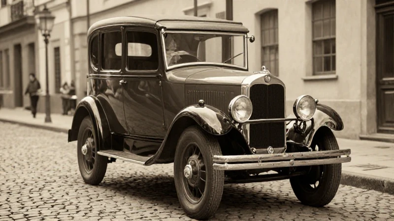 Coche antiguo en calle empedrada con luz dorada