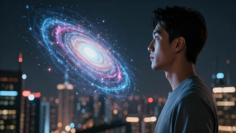 Línea del tiempo del universo: Origen y evolución del cosmos 7 Silueta observa una galaxia holográfica futurista