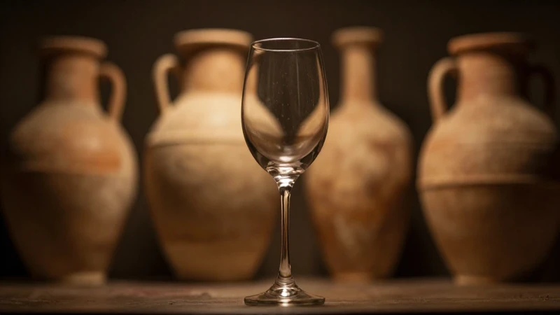 Vino, ánforas antiguas, luz cálida cinematográfica