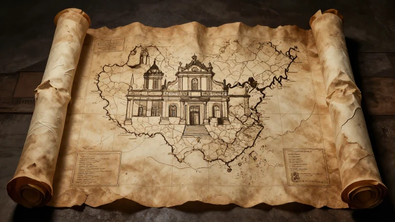 Línea del tiempo del Virreinato de Nueva España 7 Mapa antiguo, ruinas coloniales, luz contrastada