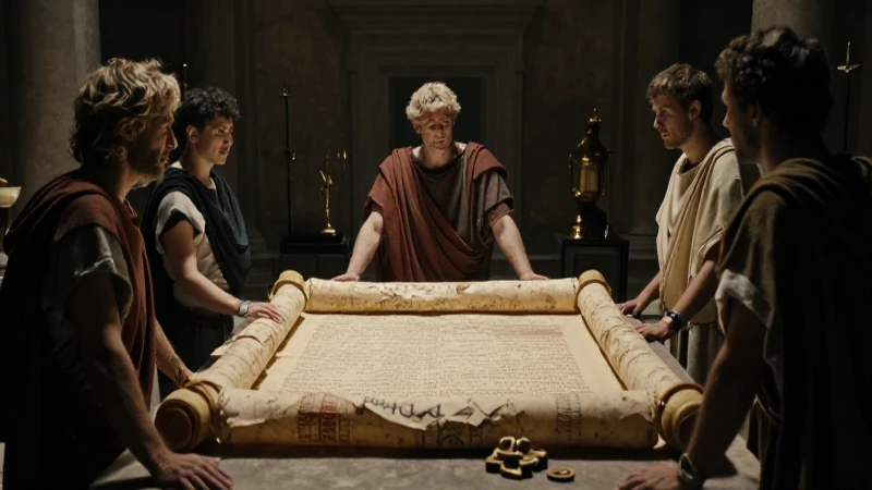 Senadores romanos bajo luz dramática cinematográfica