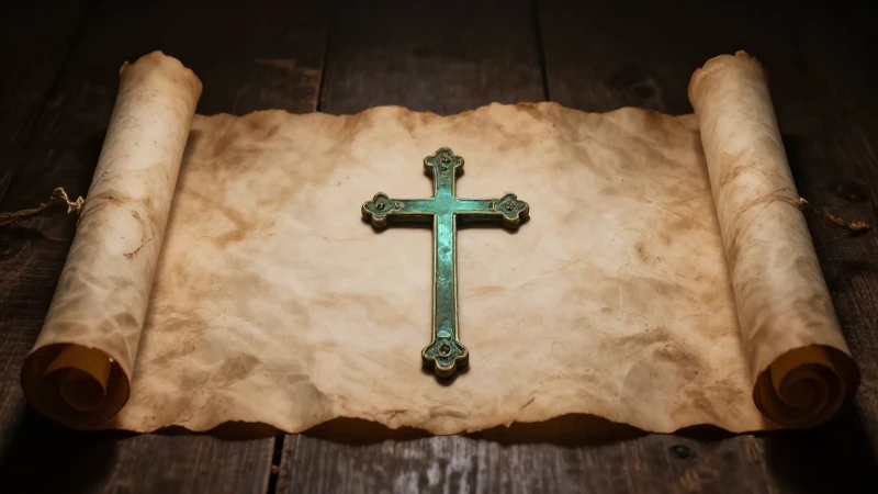 Existe una línea del tiempo en la Biblia sobre su historia 7 Pergamino antiguo, cruz de bronce, gran dramatismo