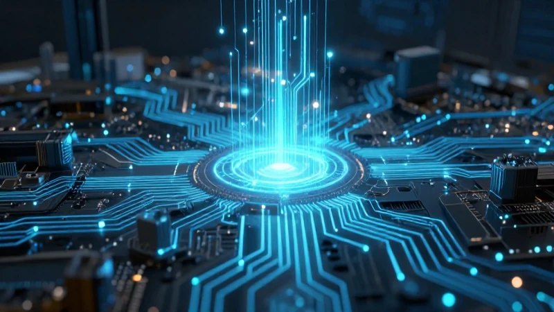 Cuáles son los avances clave en la historia de la informática 8 Paisaje futurista con circuitos brillantes y luces