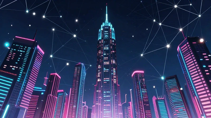Ciudad futurista con redes brillantes y neón