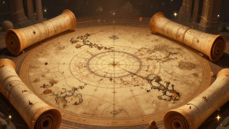 Pergaminos antiguos bajo mapa estelar iluminado