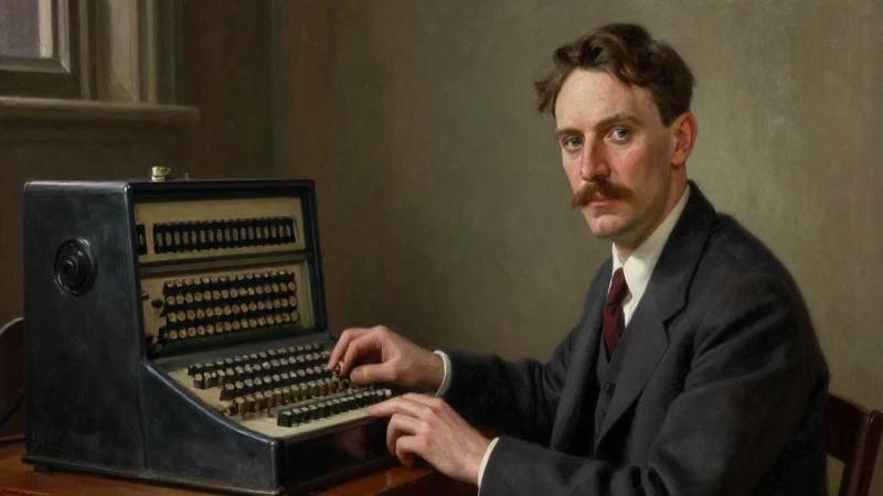 Retrato antiguo de Turing con máquinas de cálculo