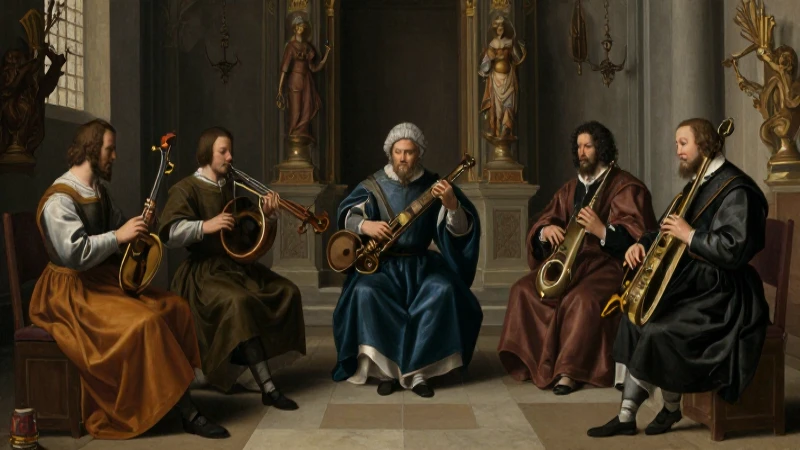 Músicos renacentistas tocan instrumentos en capilla iluminada