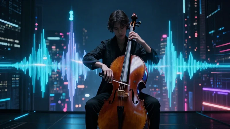 Cello futurista, luces neón y ciudad holográfica