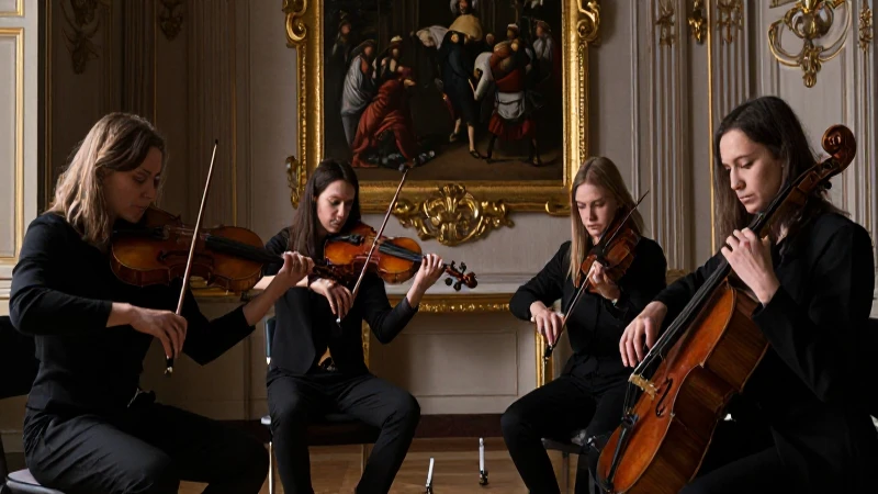 Cuarteto de cuerdas en interiores barrocos dramáticos