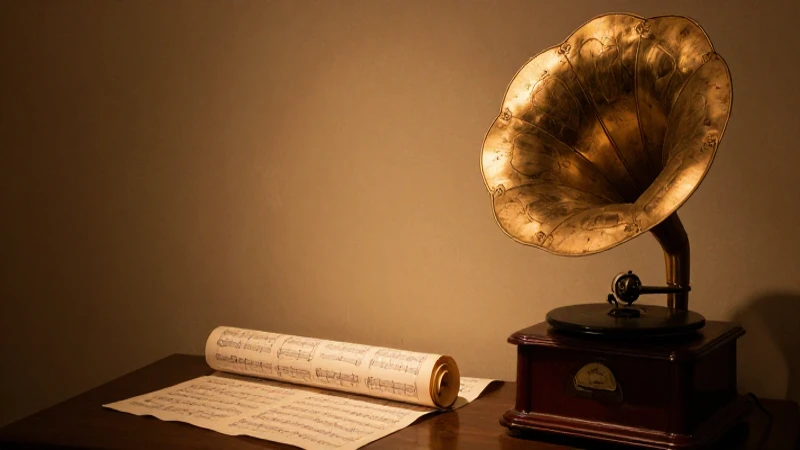 Gramófono antiguo, música e iluminación cálida