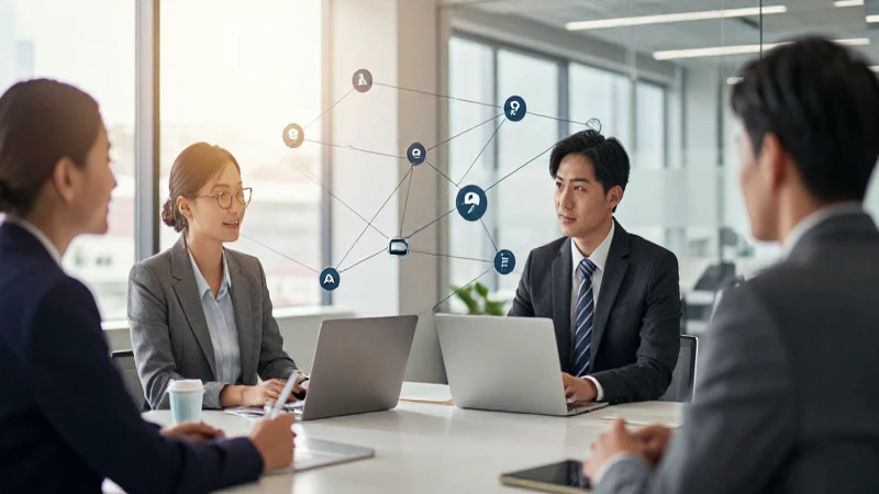 Profesionales interactúan en oficina moderna y luminosa