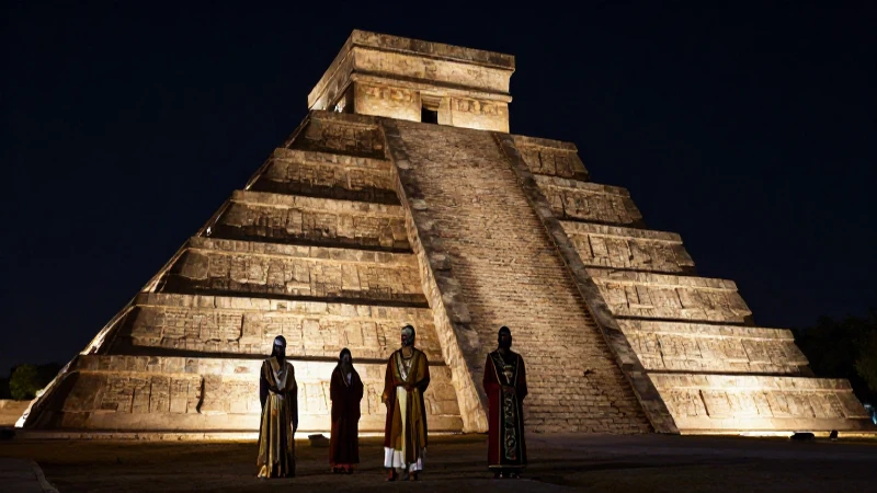 Pirámide azteca iluminada con sombras dramáticas
